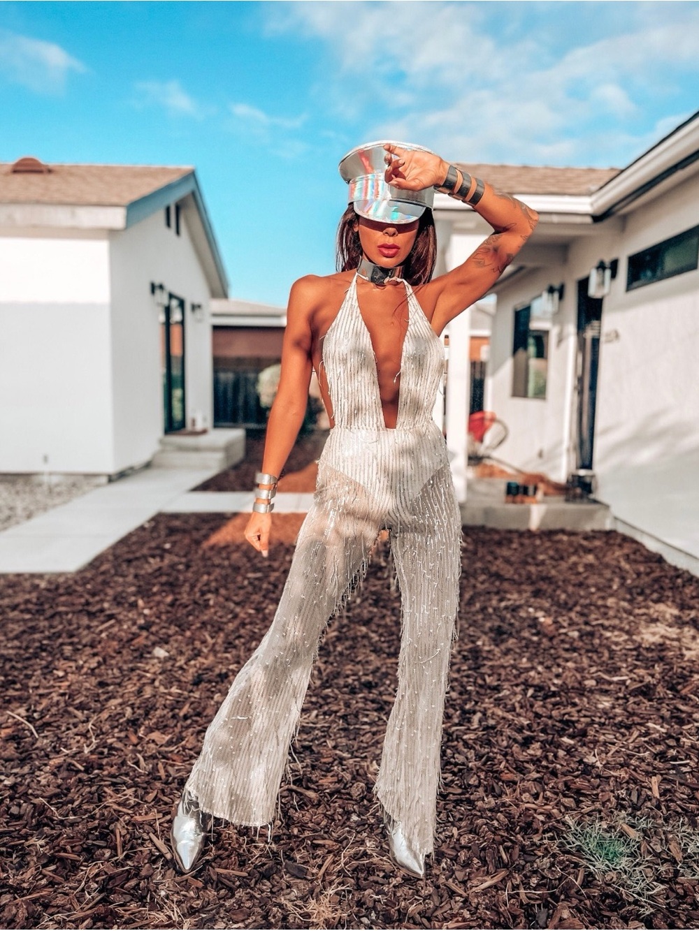 Festival sequin rave flare fringe backless jumpsuit - Size L